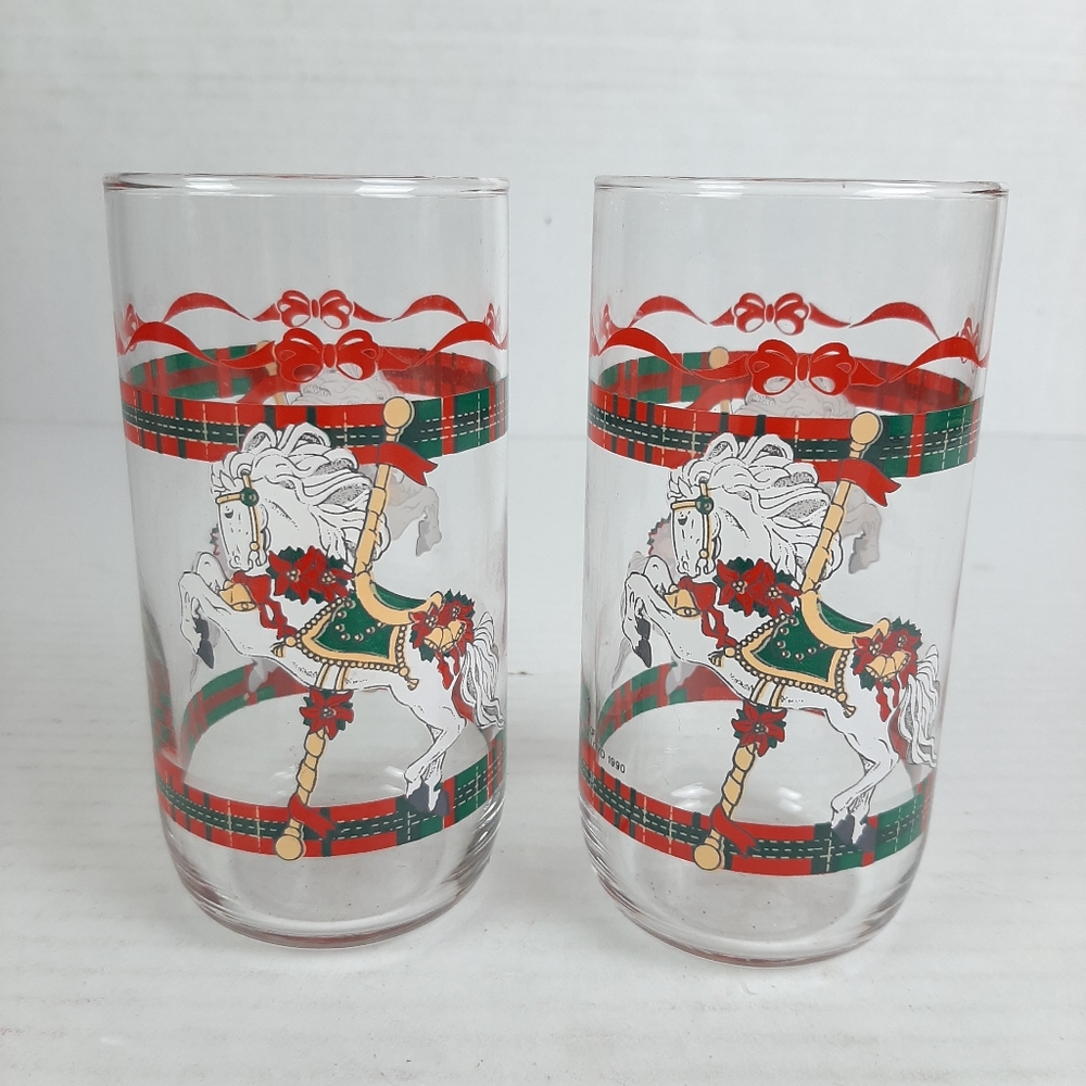 🛍Set of 2 House of Lloyd Vtg Libbey Christmas Carousel Horse GlassTumblers